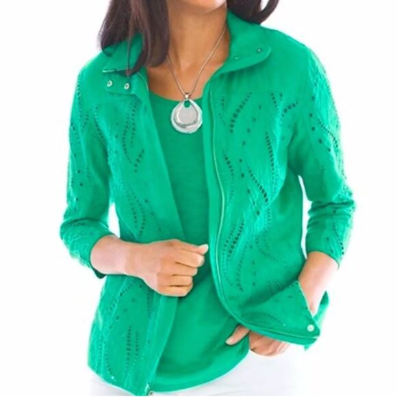 Chico's Turquoise Green Linen Eyelet Zip Up Jacket Quarter Sleeves Collared 0 S - Picture 1 of 16